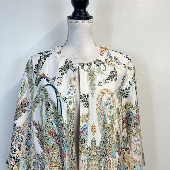 Chico's Jacket Womens sz 1 (8/10) White Blue Pink Paisley Stretch Summer Wedding - Picture 2 of 8